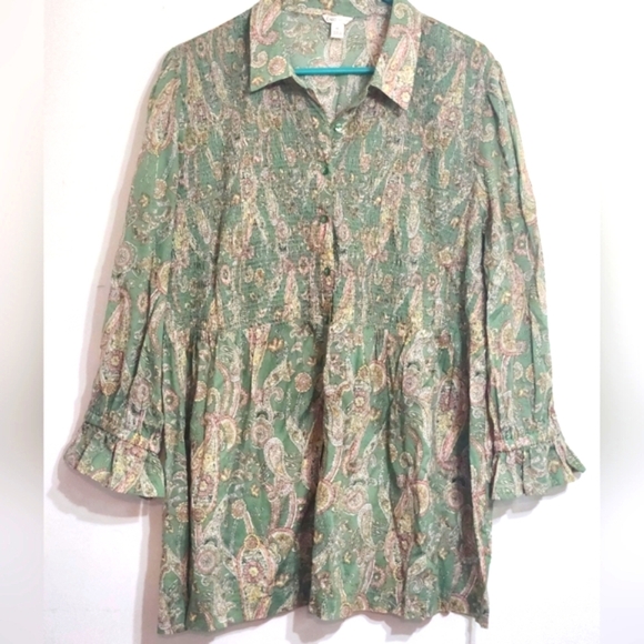 Cato PAISLEY BUTTON DOWN  Flowing Smocked Collared Blouse Size XL - Picture 1 of 10